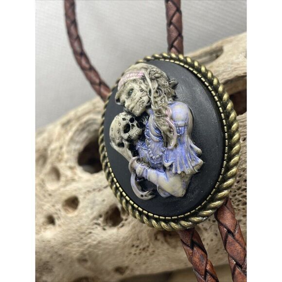 Valentine Til Death Do Us Part Sugar Skull Mexican Bolo Tie Skeleton Mens Women - Picture 7 of 15